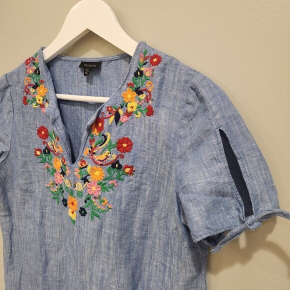 Talbots Floral Embroidered Linen Blend Tie Sleeve Blouse - Size XS - Picture 3 of 5